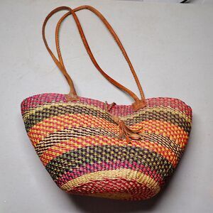 Woven Straw Tote Bag Market Beach Multicolor Leather Handles Button Closure